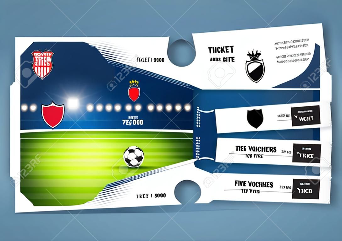 Projekt szablonu biletów do meczów piłki nożnej lub piłki nożnej. Bony upominkowe lub kupony certyfikatów. Ilustracja wektora.