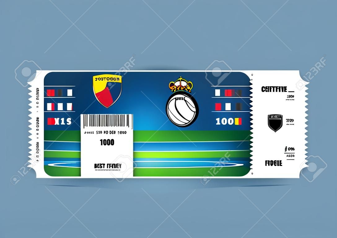 Diseño de la plantilla de entradas para el fútbol o partido de fútbol. Vales de regalo o cupones de certificados. Ilustración vectorial.