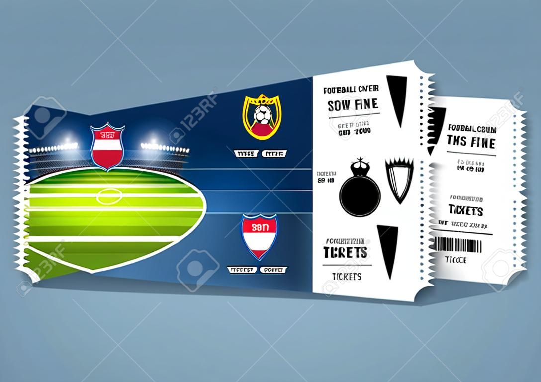 Tickets Vorlage Design für Fußball oder Fußballspiel. Geschenkgutscheine oder Gutscheingutscheine. Vektor-Illustration.