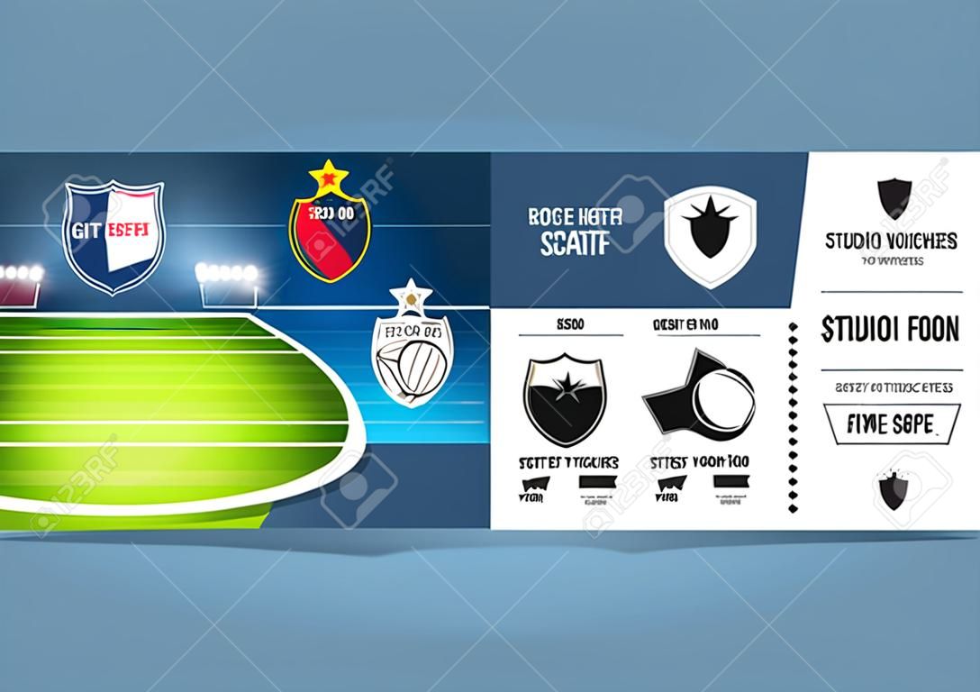 Diseño de la plantilla de entradas para el fútbol o partido de fútbol. Vales de regalo o cupones de certificados. Ilustración vectorial.