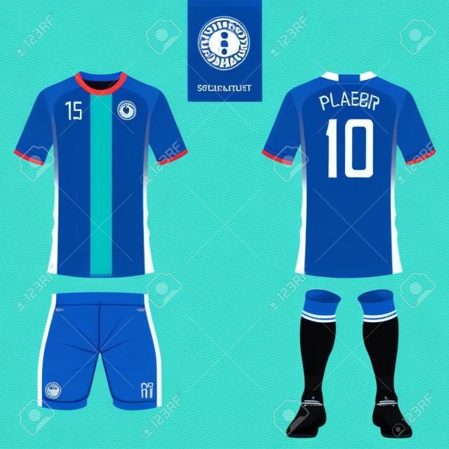 Set Of Short Sleeve Soccer Jersey Or Football Kit Template For Football  Club. Football Shirt Mock Up. Front And Back View Soccer Uniform. Flat  Football Logo On Blue Label. Vector Illustration. Royalty