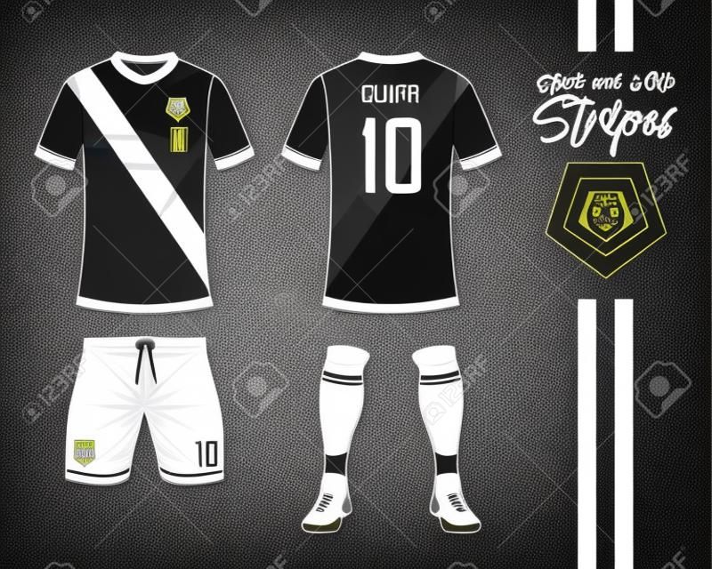 Soccer Jersey Or Football Kit Collection In Black And White Stripes  Concept. Football Shirt Mock Up. Front And Back View Soccer Uniform.  Football Logo In Flat Design. Vector Illustration. Royalty Free SVG