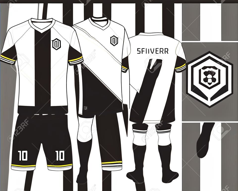 在黑白条纹概念的足球球衣或橄榄球成套工具收藏。足球衬衫模拟了。正面和背面查看足球服。在平面设计中的足球标志。传染媒介例证。