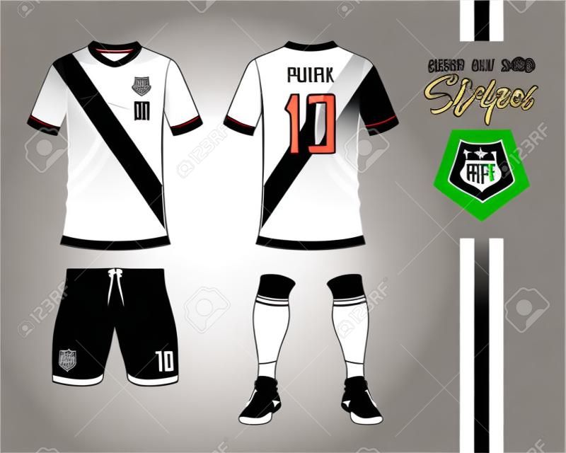 在黑白条纹概念的足球球衣或橄榄球成套工具收藏。足球衬衫模拟了。正面和背面查看足球服。在平面设计中的足球标志。传染媒介例证。