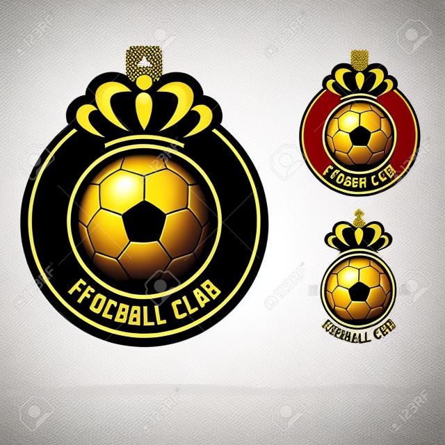 足球會徽或足球徽章標誌設計的足球隊。金皇冠和經典足球的最小的設計。在黑色和白色圖標的足球俱樂部徽標。矢量圖。