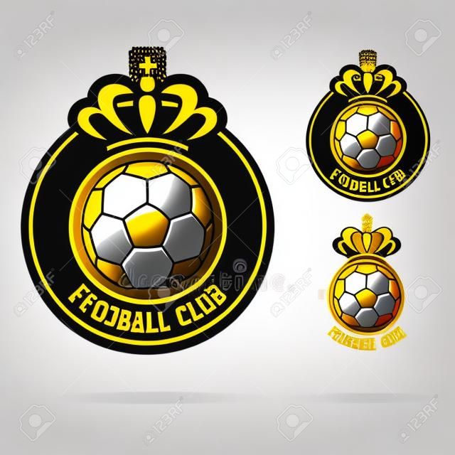 Soccer emblem or Football Badge Logo Design for football team. Minimal design of golden crown and classic soccer ball. Football club logo in black and white icon. Vector Illustration.