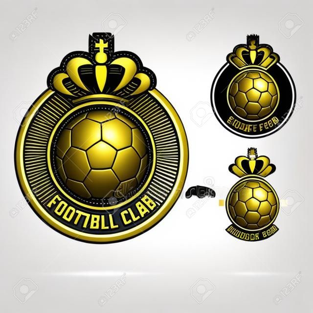 足球会徽或橄榄球徽章标志设计为橄榄球队的。金色王冠和经典足球的最小设计。足球俱乐部徽标在黑色和白色的图标。传染媒介例证。