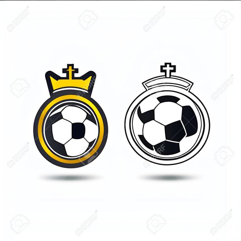 Emblema de futebol ou Design de logotipo de emblema de futebol para a equipe de futebol. Design mínimo de coroa dourada e bola de futebol clássico. Logotipo do clube de futebol em ícone preto e branco. Ilustração vetorial.