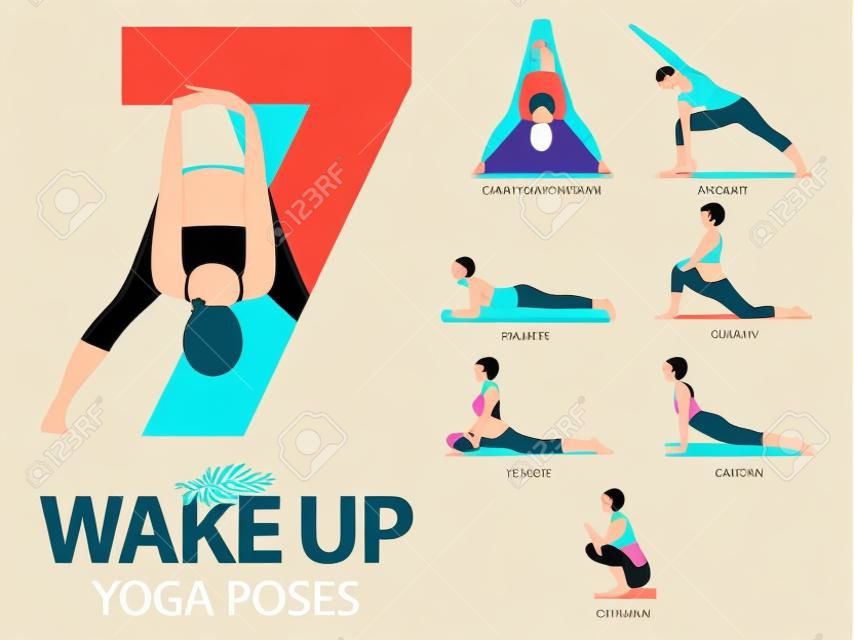 Ein Satz Yoga stellt weibliche Zahlen für Yoga Infographic 7 für Übungen nach auf aufwachen im flachen Design ein. Vektor-Illustration.