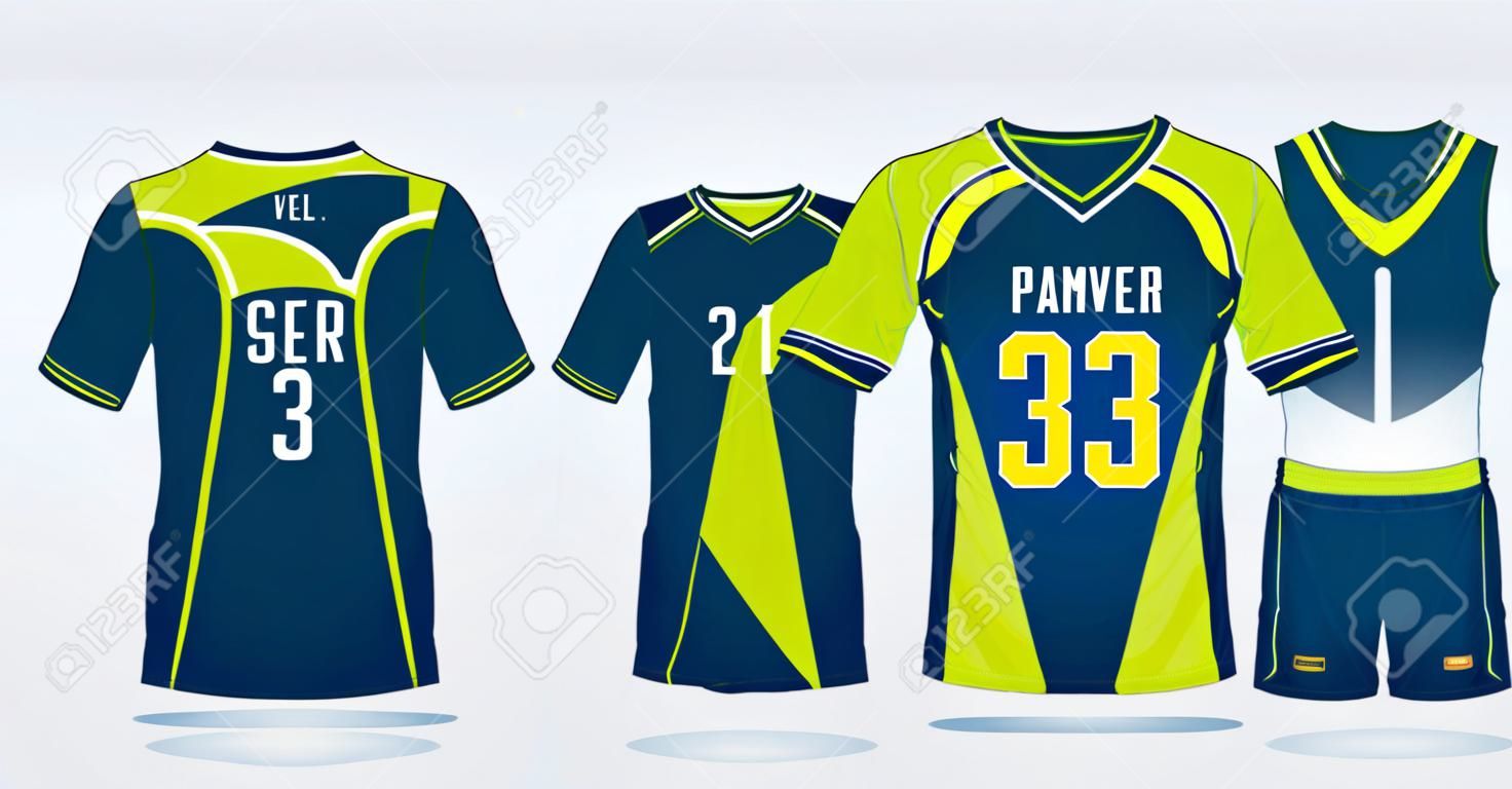 足球服，足球套件和篮球服的背心的T恤运动设计模板。运动服在正面和背面。 T恤模拟为体育俱乐部。传染媒介例证。