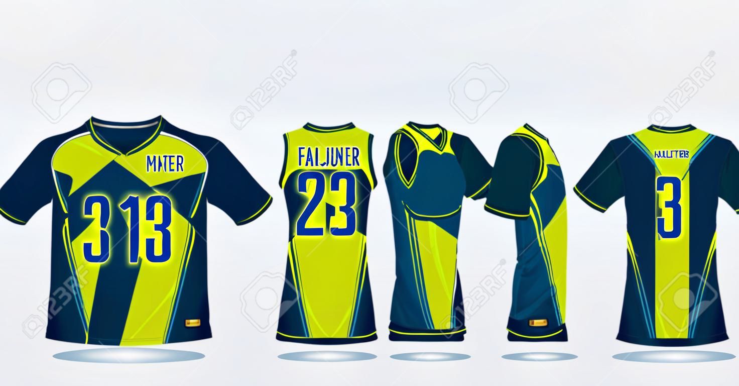 T-shirt sport design template for soccer jersey, football kit and tank top for basketball jersey. Sport uniform in front view and back view. T-shirt mock up for sport club. Vector Illustration.