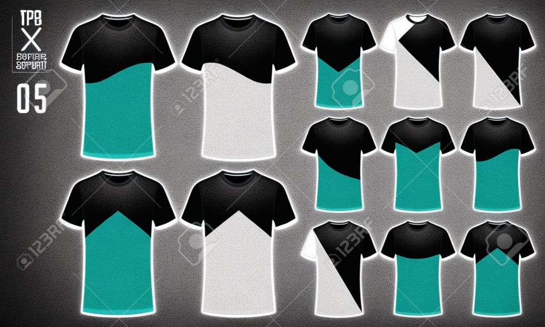 サッカージャージ、サッカーキットやスポーツユニフォームテンプレートのためのTシャツスポーツデザイン。フットボールのTシャツモックアップ。フロントとビューのサッカーユニフォーム。ベクトルイラストレーション。