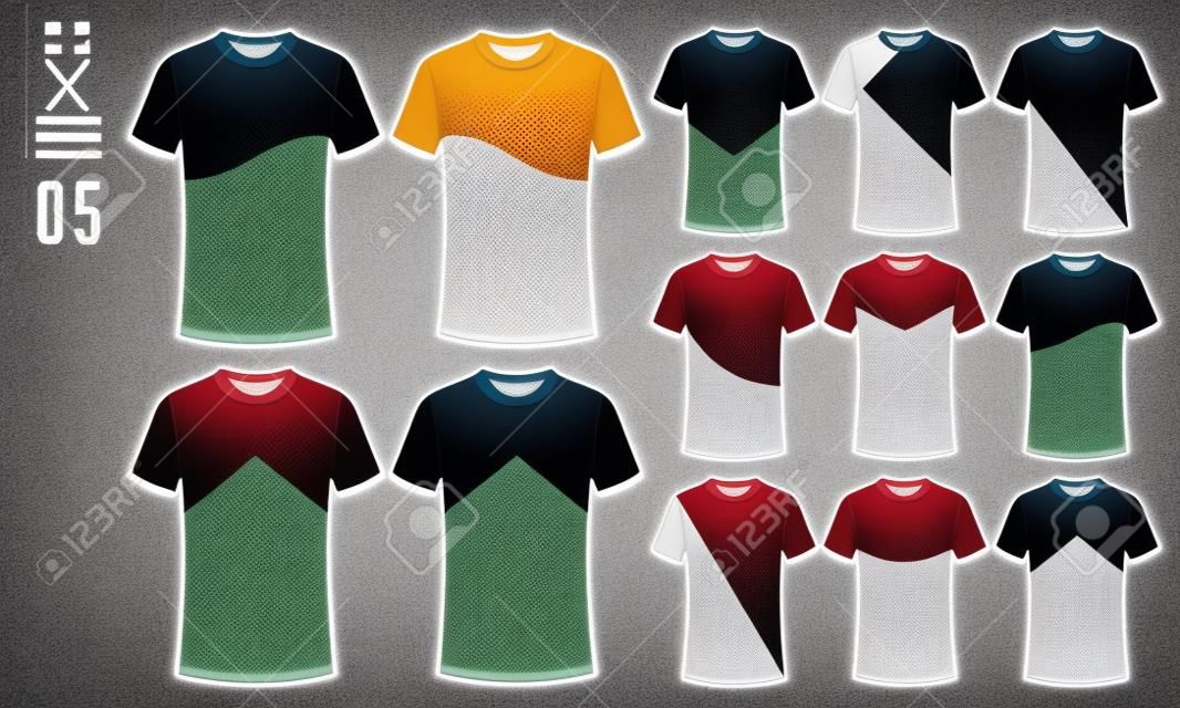 サッカージャージ、サッカーキットやスポーツユニフォームテンプレートのためのTシャツスポーツデザイン。フットボールのTシャツモックアップ。フロントとビューのサッカーユニフォーム。ベクトルイラストレーション。