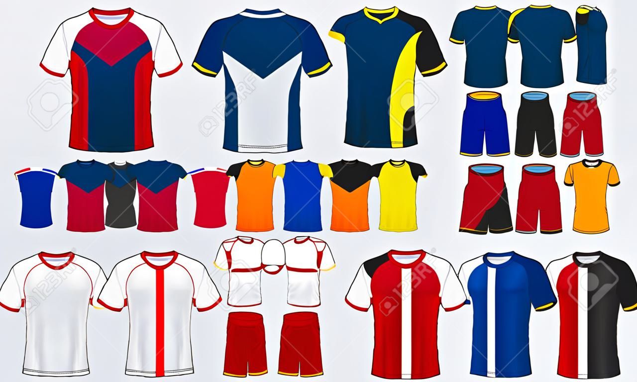 Futbol forması, futbol seti veya spor üniforma şablonu için t-shirt spor tasarımı. Futbol tişörtü taklidi yapıyor. Önden ve arkadan görünüşlü futbol üniforma. Vektör illüstrasyonu.