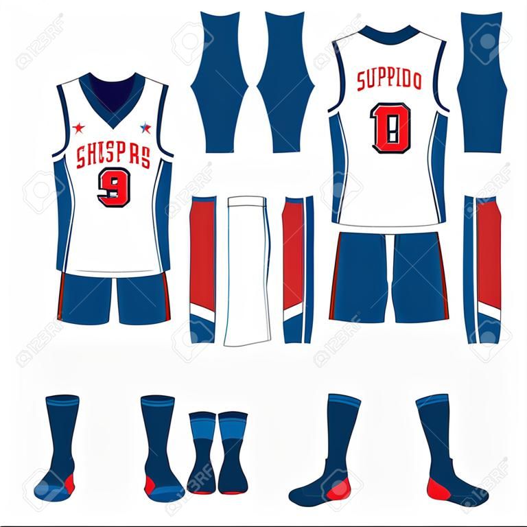 Basketball uniform or sport jersey, shorts, socks template for basketball club. Front and back view sport t-shirt design. Tank top t-shirt mock up with basketball flat icon design. Vector Illustration.