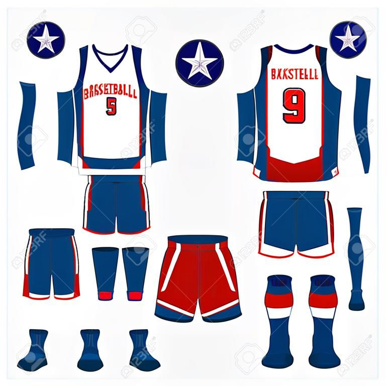 Basketball uniform or sport jersey, shorts, socks template for basketball club. Front and back view sport t-shirt design. Tank top t-shirt mock up with basketball flat icon design. Vector Illustration.