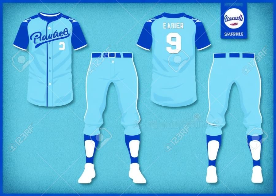 Baseball jersey, sport uniform, raglan t-shirt sport, short, sock template. Baseball t-shirt mock up. Front and back view baseball uniform. Flat baseball logo on blue label. Vector Illustration.