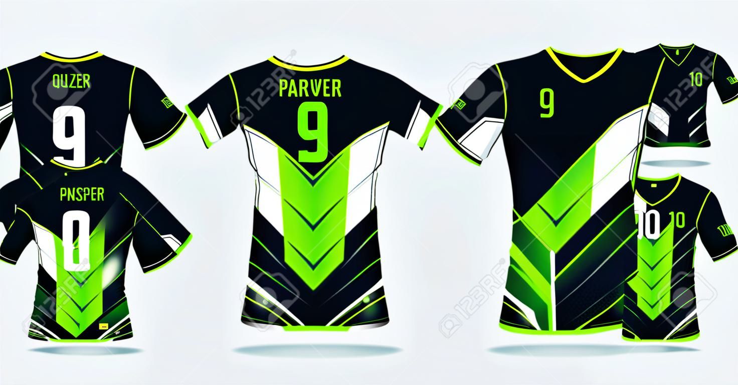 Green-black t-shirt sport design template for soccer jersey, football kit and tank top for basketball jersey. Sport uniform in front and back view. Tshirt mock up for sport club. Vector Illustration.