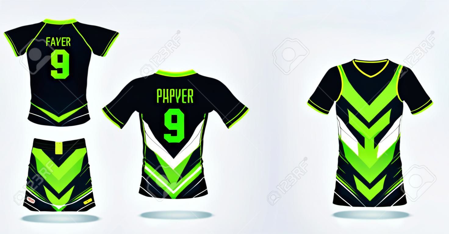 Green-black t-shirt sport design template for soccer jersey, football kit and tank top for basketball jersey. Sport uniform in front and back view. Tshirt mock up for sport club. Vector Illustration.