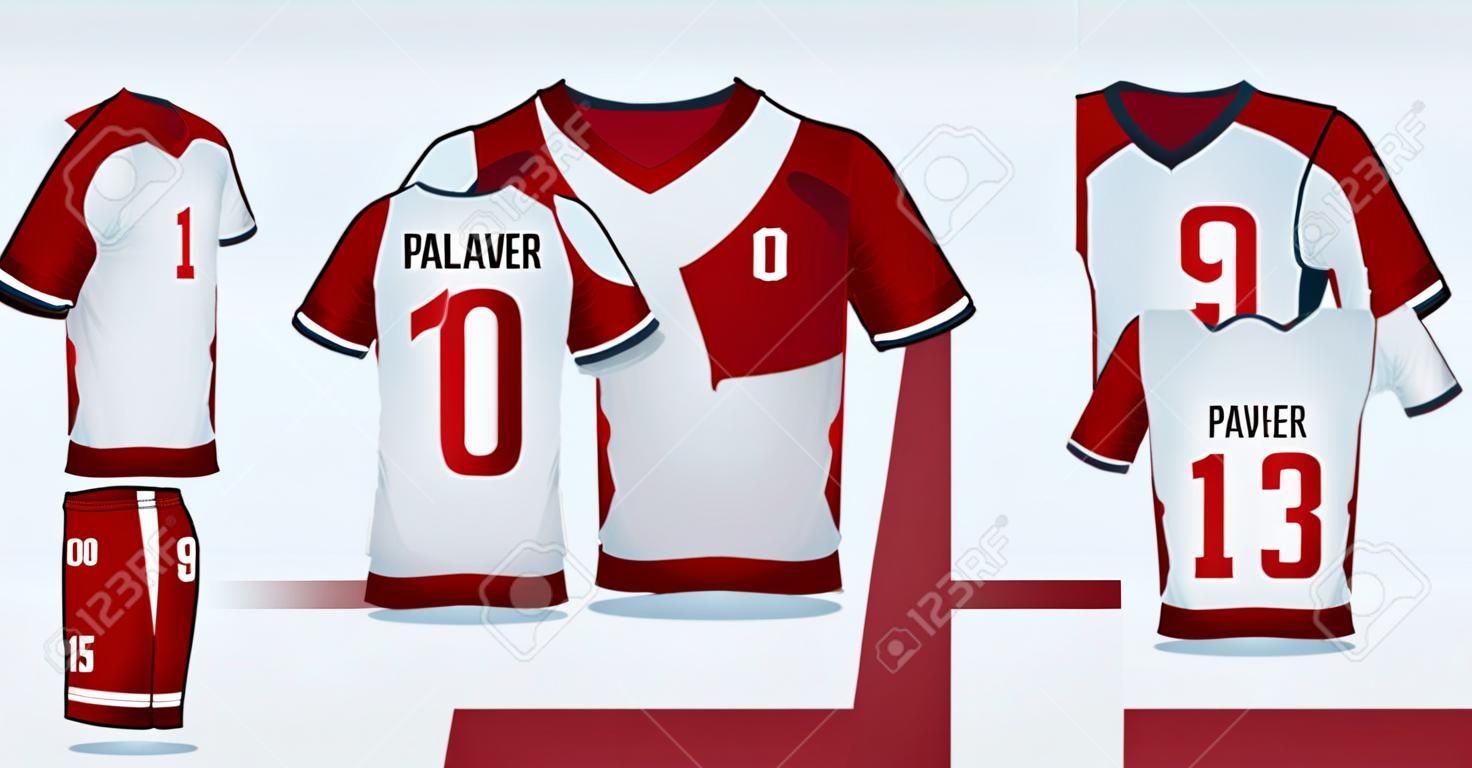 Red-black t-shirt sport design template for soccer jersey, football kit and tank top for basketball jersey. Sport uniform in front and back view. Tshirt mock up for sport club. Vector Illustration.