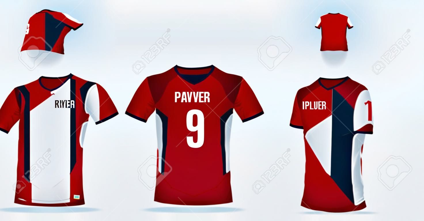 Red-black t-shirt sport design template for soccer jersey, football kit and tank top for basketball jersey. Sport uniform in front and back view. Tshirt mock up for sport club. Vector Illustration.