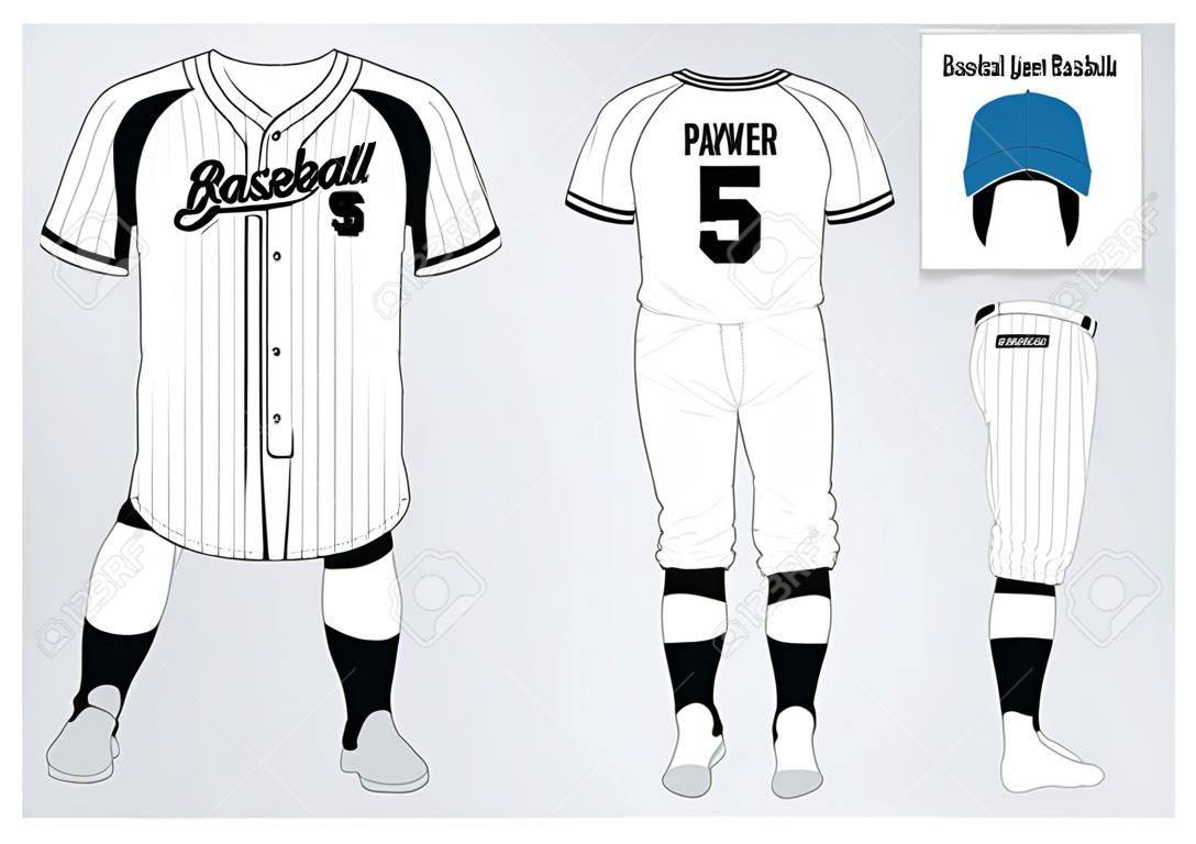 Camisola de beisebol, uniforme esportivo, raglan t-shirt esporte, curto, modelo de meia. T-shirt de beisebol mock up. Vista frontal e traseira uniforme de beisebol. Logotipo de beisebol plano na etiqueta azul Ilustração vetorial.