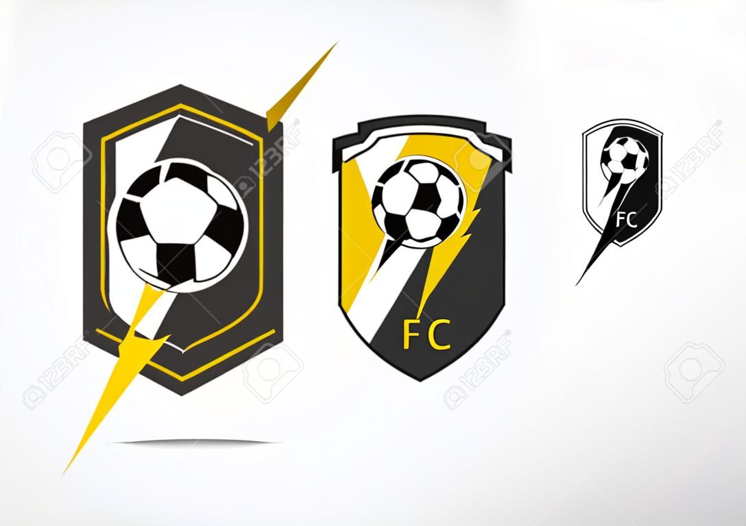 Soccer or Football Badge Logo Design for football team. Minimal design of golden thunderbolt and black and white soccer ball. Football club logo in lightning black and white icon. Vector Illustration.