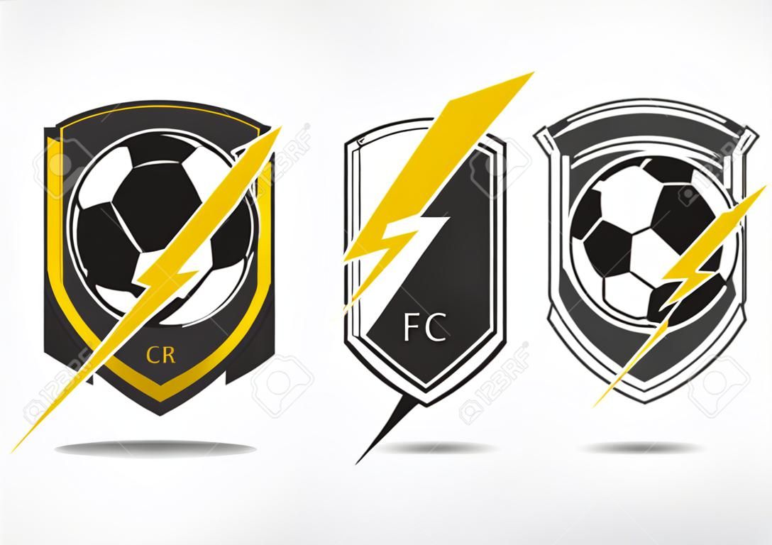 Soccer or Football Badge Logo Design for football team. Minimal design of golden thunderbolt and black and white soccer ball. Football club logo in lightning black and white icon. Vector Illustration.