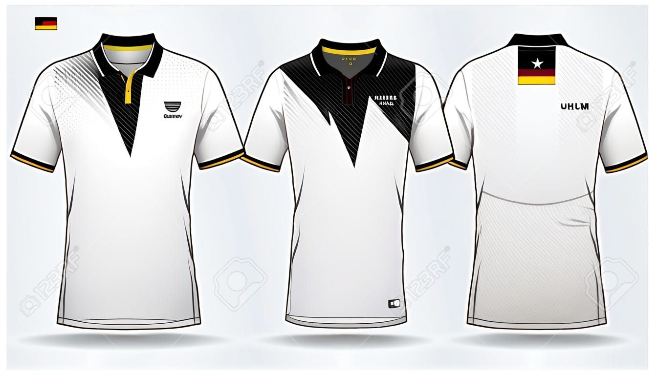 德国Team Polo T恤运动模板设计，用于足球球衣，橄榄球套件或运动服。正面和背面均采用经典领运动服。 T恤模拟为体育俱乐部。传染媒介例证。