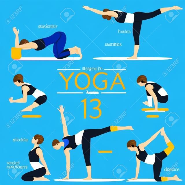 Sistema De 7 Actitudes De La Yoga En Diseño Plano La Mujer Figura Ejercicio  En Ropa De Deportes Azul Y Los Pantalones Negros De L Ilustración del  Vector - Ilustración de oriental
