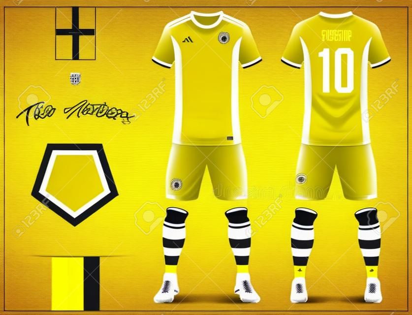 Шаблон футболки или футбольной формы для футбольного клуба. Желтая футболка с носком и шортами макет. Форма футбола вида спереди и сзади. Футбольный логотип и этикетка с флагом. Векторные иллюстрации.