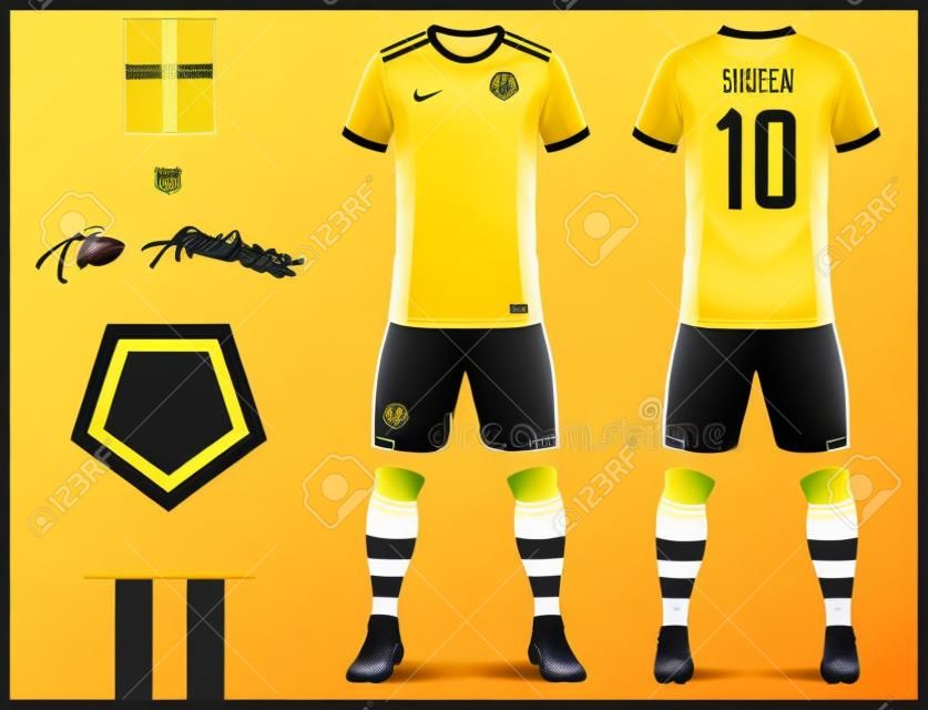 サッカークラブのためのサッカージャージやサッカーキットテンプレート。靴下とショートパンツがモックアップした黄色のフットボールシャツ。フロントとバックビューサッカーユニフォーム。フットボールのロゴと旗のラベル。ベクトル図。