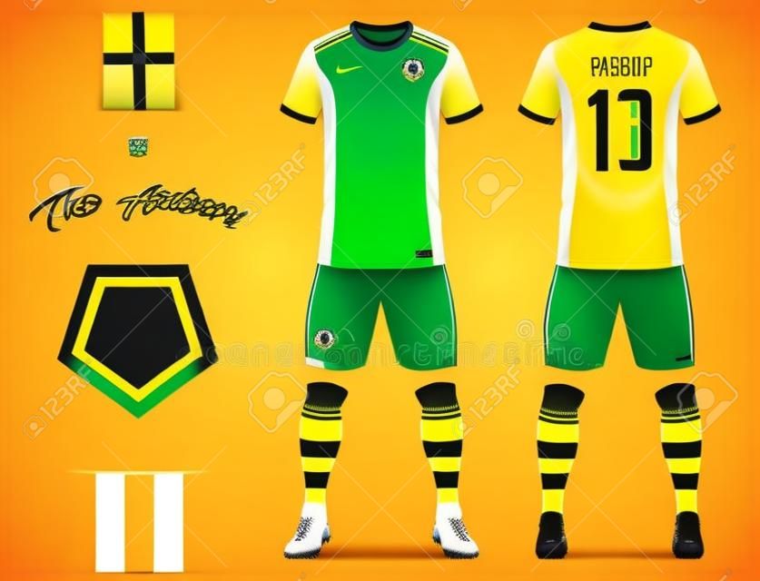 Soccer jersey or football kit template for football club. Yellow football shirt with sock and shorts mock up. Front and back view soccer uniform. Football logo and Flag label. Vector Illustration.