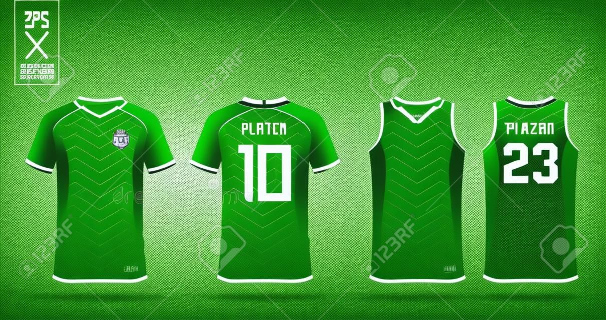 Zöld cikk-cakk mintás póló sport tervezősablon focimezhez, focikészlethez és harisnyatartóhoz kosárlabda mezhez. Sport egyenruha elöl és hátul. Sporting mintája a sportklubnak. Vektoros illusztráció.
