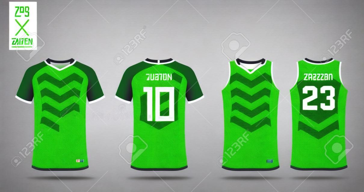 Zöld cikk-cakk mintás póló sport tervezősablon focimezhez, focikészlethez és harisnyatartóhoz kosárlabda mezhez. Sport egyenruha elöl és hátul. Sporting mintája a sportklubnak. Vektoros illusztráció.