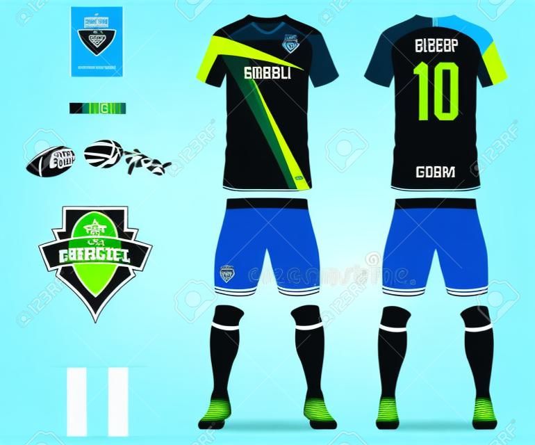 Soccer jersey or football kit template for football club. Blue and green stripe football shirt with sock and blue shorts mock up. Front and back view soccer uniform. Football logo design. Vector Illustration.