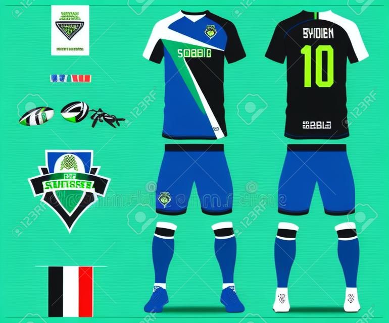 Soccer jersey or football kit template for football club. Blue and green stripe football shirt with sock and blue shorts mock up. Front and back view soccer uniform. Football logo design. Vector Illustration.