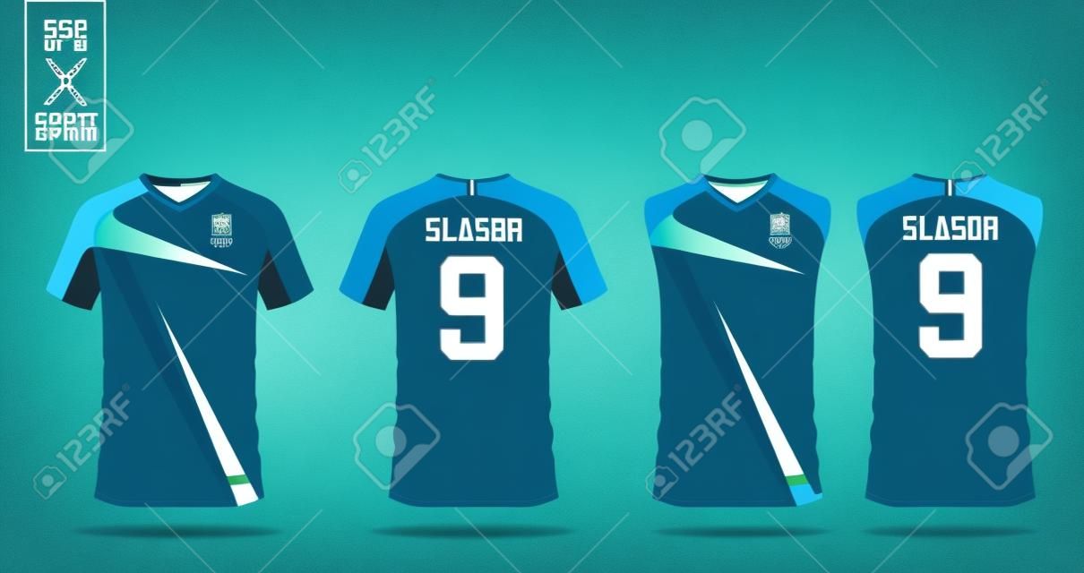 藍色和綠色的T卹運動設計模板，用於足球服，橄欖球套件和籃球服的背心。運動服的正面和背面視圖。運動衫模擬為體育俱樂部。傳染媒介例證。