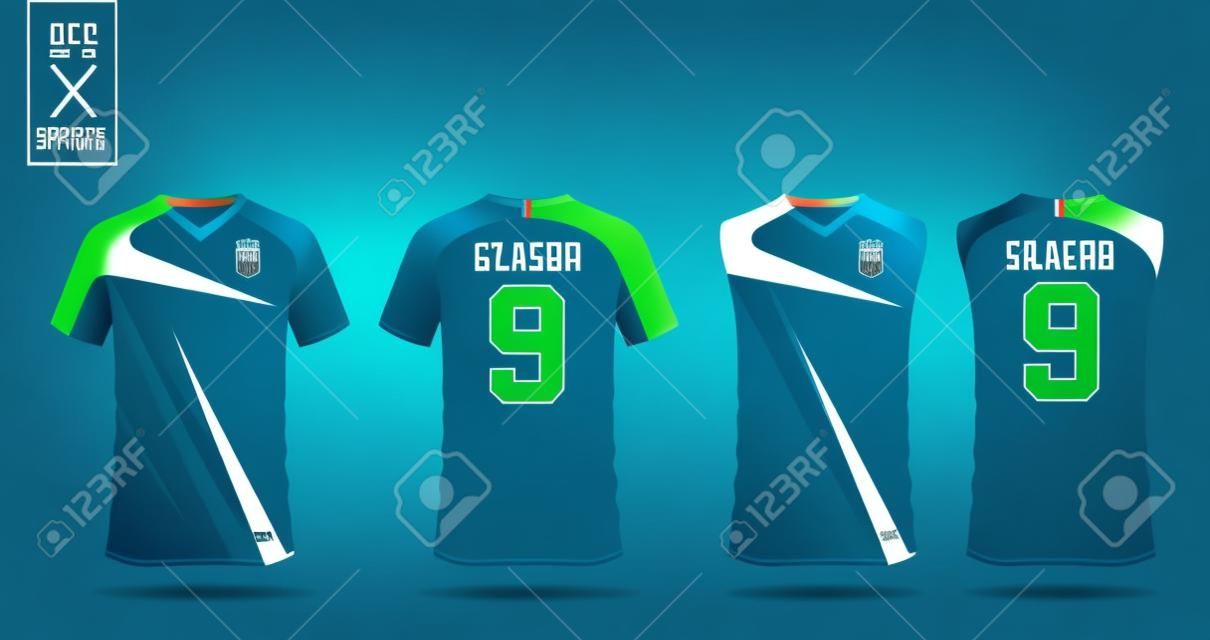 サッカージャージ、サッカーキット、バスケットボールジャージ用タンクトップ用の青と緑のTシャツスポーツデザインテンプレート。フロントとバックビューでスポーツユニフォーム。スポーツシャツはスポーツクラブのためにモックアップ。ベクトル図。