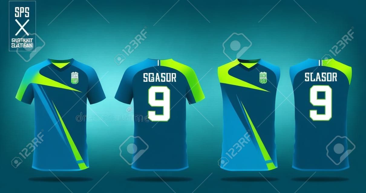 サッカージャージ、サッカーキット、バスケットボールジャージ用タンクトップ用の青と緑のTシャツスポーツデザインテンプレート。フロントとバックビューでスポーツユニフォーム。スポーツシャツはスポーツクラブのためにモックアップ。ベクトル図。