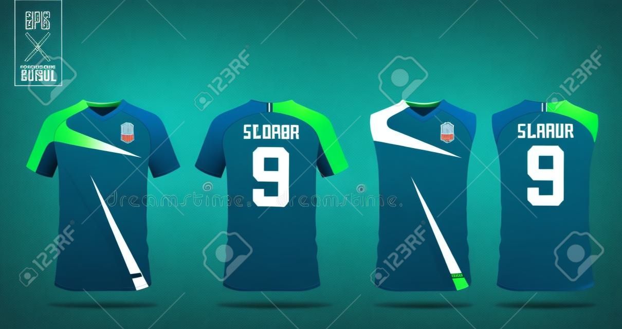 蓝色和绿色的T恤运动设计模板，用于足球服，橄榄球套件和篮球服的背心。运动服的正面和背面视图。运动衫模拟为体育俱乐部。传染媒介例证。