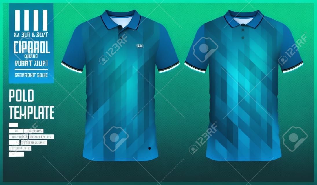 藍色和綠色漸變Polo T卹運動模板設計，用於足球球衣，橄欖球套件或運動服。運動服在正面和背面。 T卹模擬為體育俱樂部。傳染媒介例證。