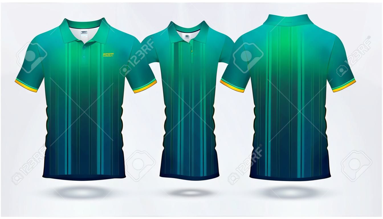蓝色和绿色渐变Polo T恤运动模板设计，用于足球球衣，橄榄球套件或运动服。运动服在正面和背面。 T恤模拟为体育俱乐部。传染媒介例证。