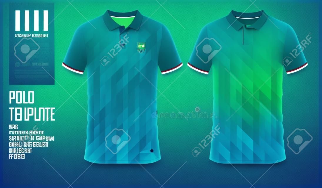 サッカージャージ、サッカーキットやスポーツウェアのための青と緑のグラデーションポロTシャツのスポーツテンプレートのデザイン。フロントビューとバックビューでスポーツユニフォーム。スポーツクラブのためのTシャツモックアップ。ベクトル図。