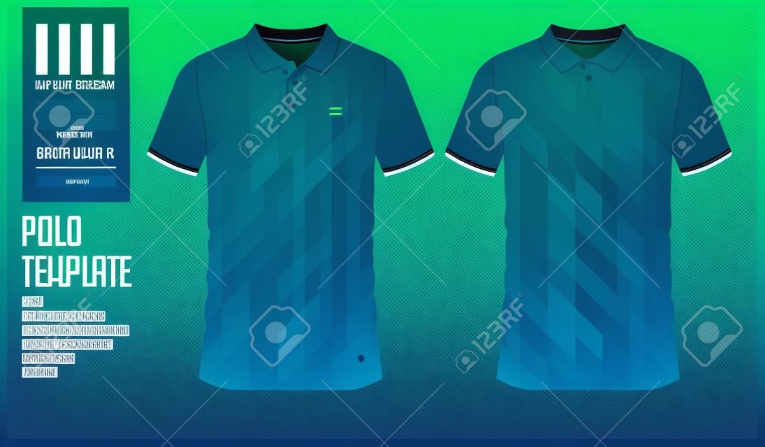 藍色和綠色漸變Polo T卹運動模板設計，用於足球球衣，橄欖球套件或運動服。運動服在正面和背面。 T卹模擬為體育俱樂部。傳染媒介例證。