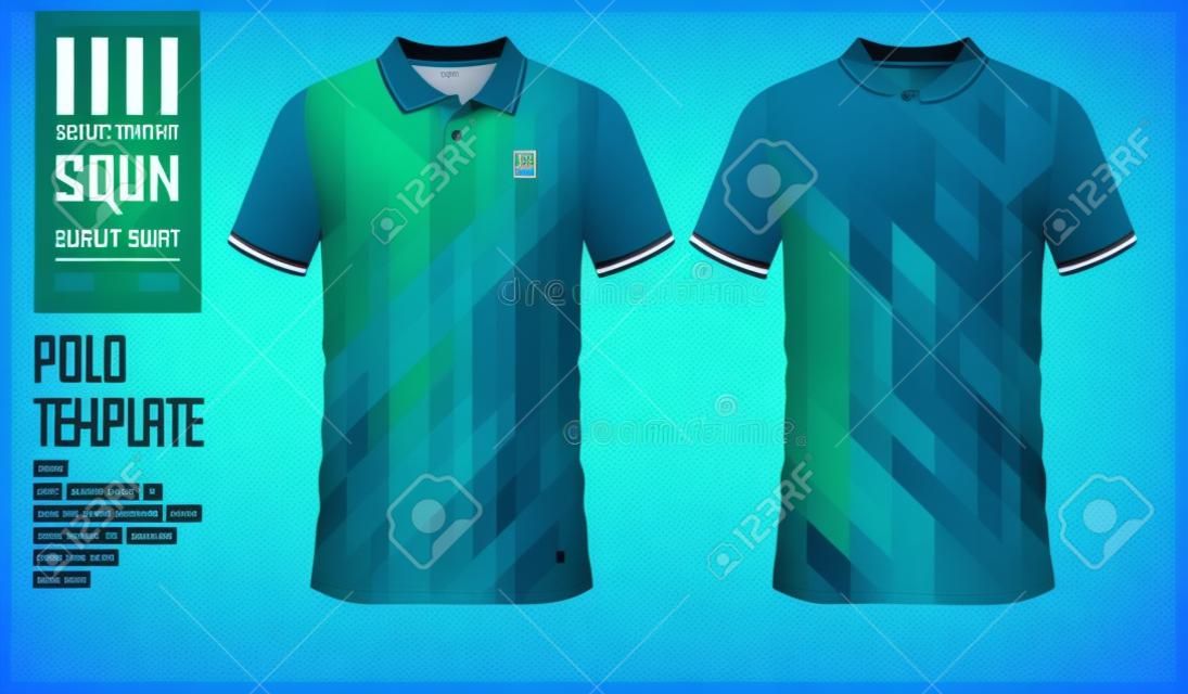 蓝色和绿色渐变Polo T恤运动模板设计，用于足球球衣，橄榄球套件或运动服。运动服在正面和背面。 T恤模拟为体育俱乐部。传染媒介例证。