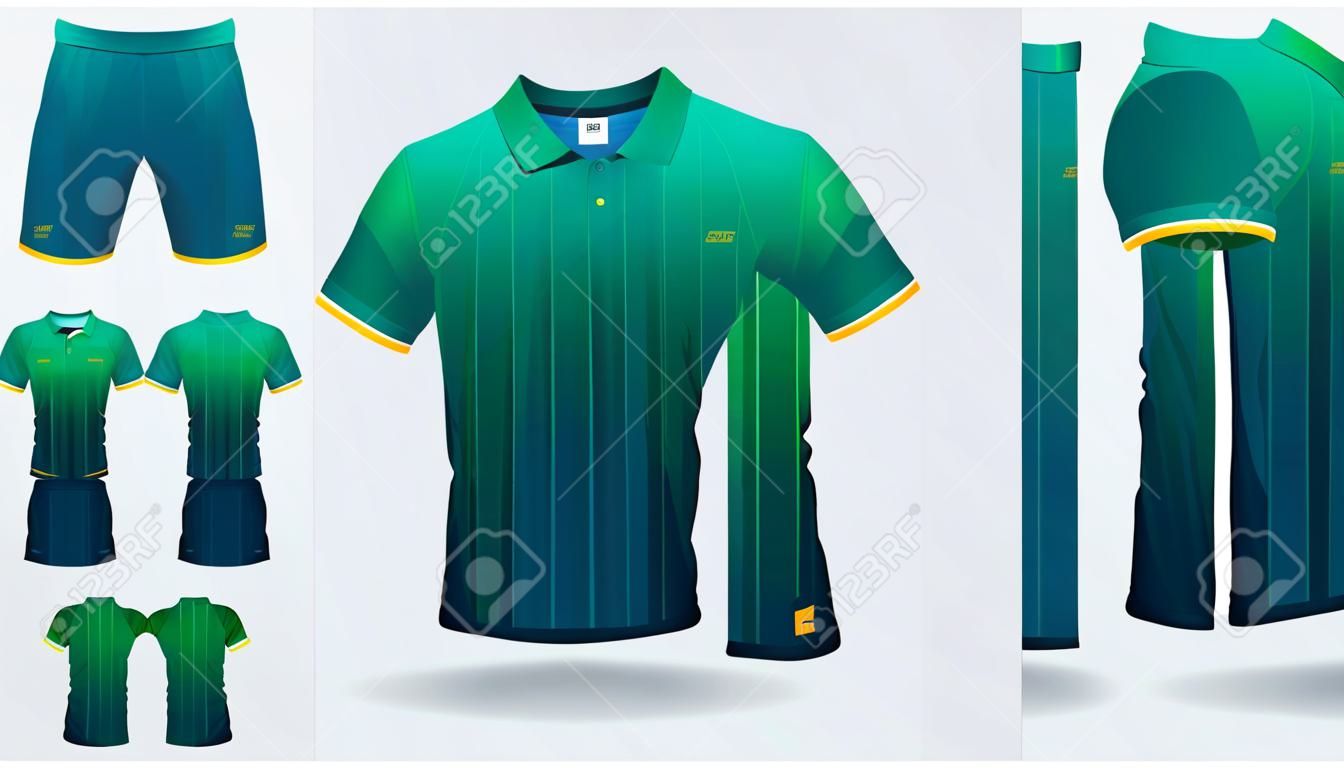 Blue and green gradient Polo t-shirt sport template design for soccer jersey, football kit or sportswear. Sport uniform in front view and back view. T-shirt mock up for sport club. Vector Illustration.