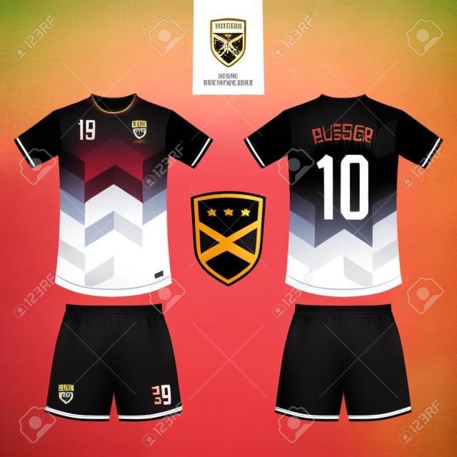 Soccer jersey or football kit mockup template design for sport club. Football t-shirt sport, shorts mockup. Soccer uniform in front view, back view . Football logo in flat design. Vector Illustration.