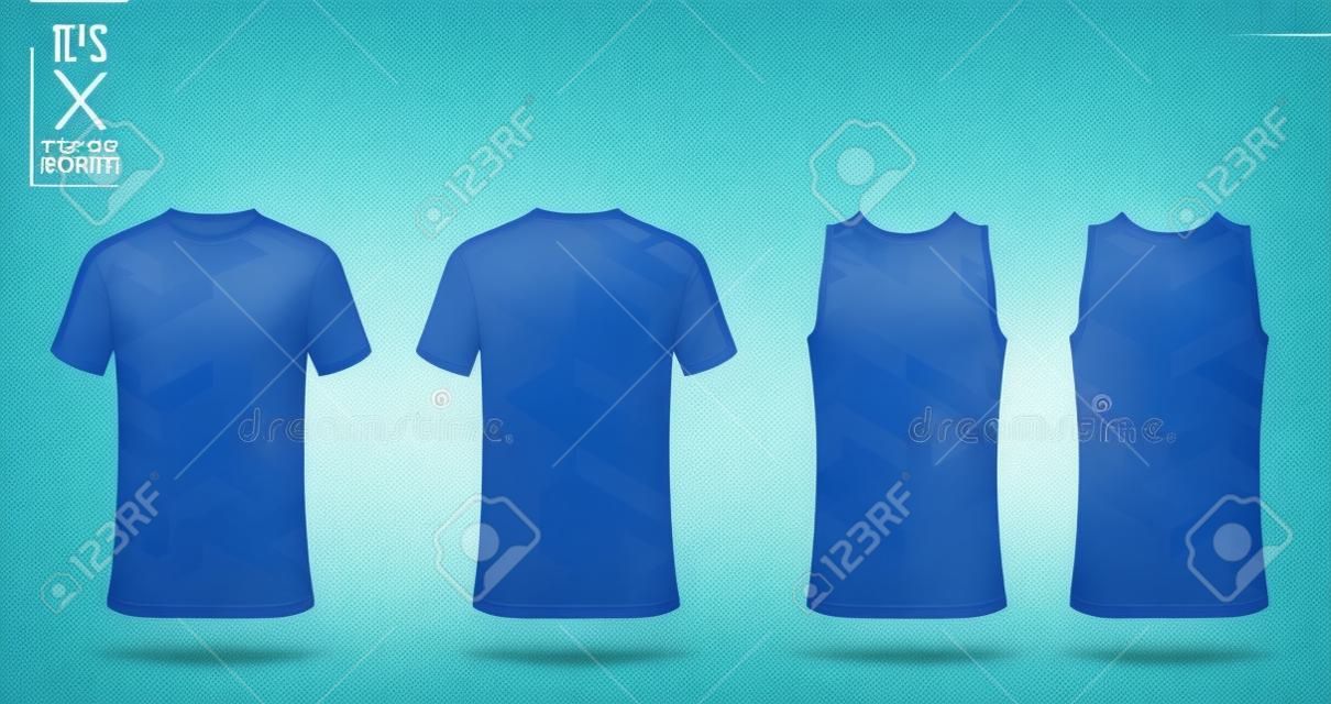 T-shirt mockup, sport shirt template design for soccer jersey, football kit. Tank top for basketball jersey and running singlet. Sport uniform in front view and back view.  Mock up Vector Illustration.