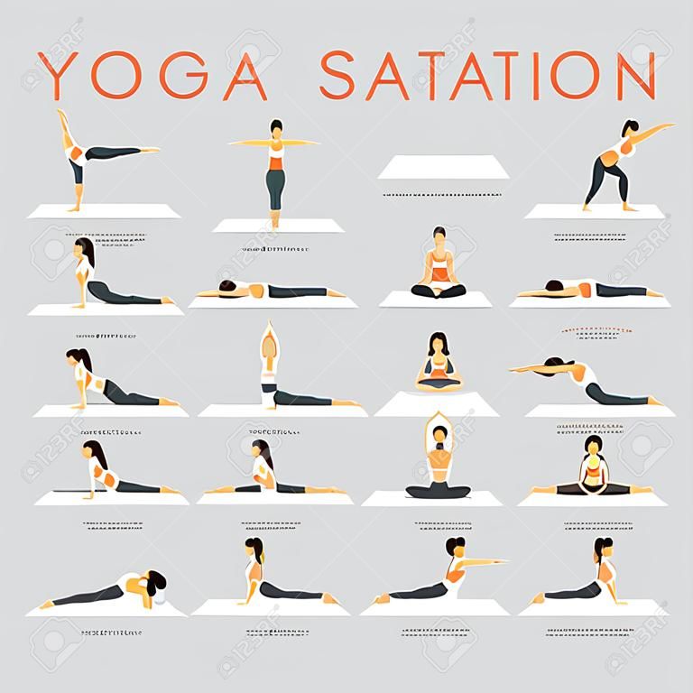 Infographic van Yoga poses voor Yoga thuis in het concept van Yoga Maan saluatie in vlak ontwerp. Vrouw sporten voor lichaam stretchen. Set van yoga houding of asana infographic. Yoga Vector platte cartoon Illustratie.